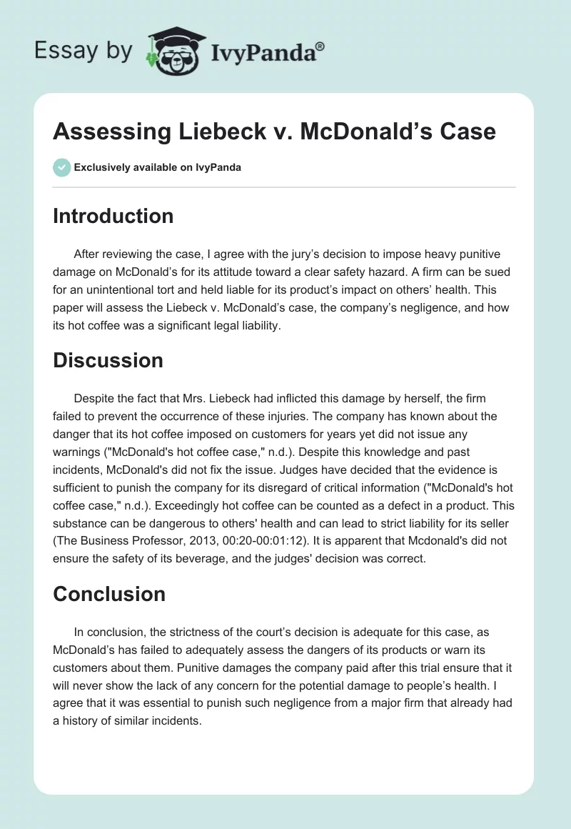 Assessing Liebeck vs. McDonald’s Case. Page 1