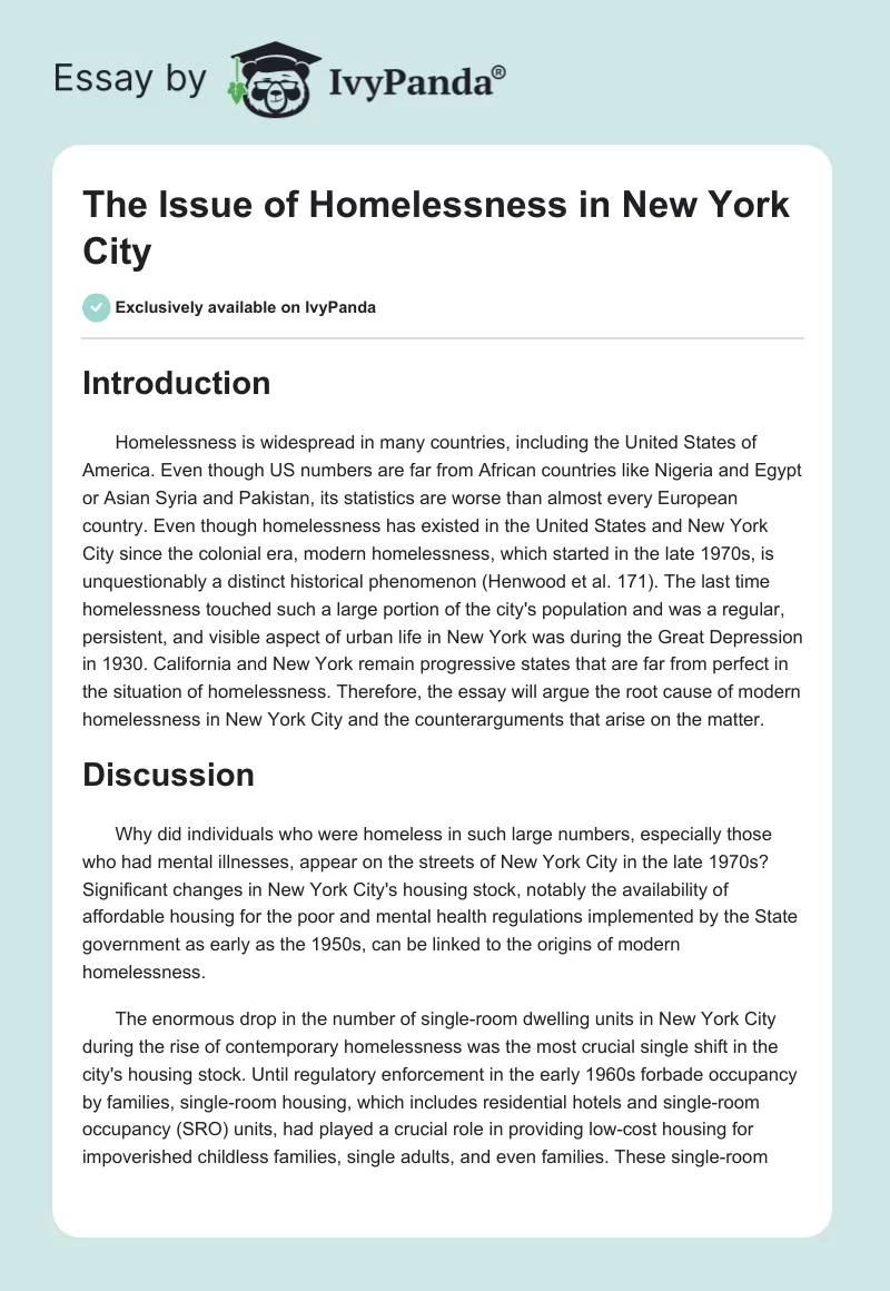 The Issue of Homelessness in New York City. Page 1
