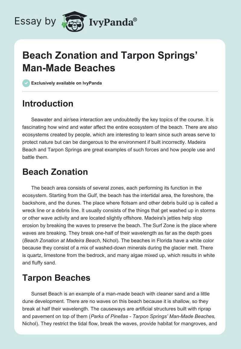 Beach Zonation and Tarpon Springs’ Man-Made Beaches. Page 1
