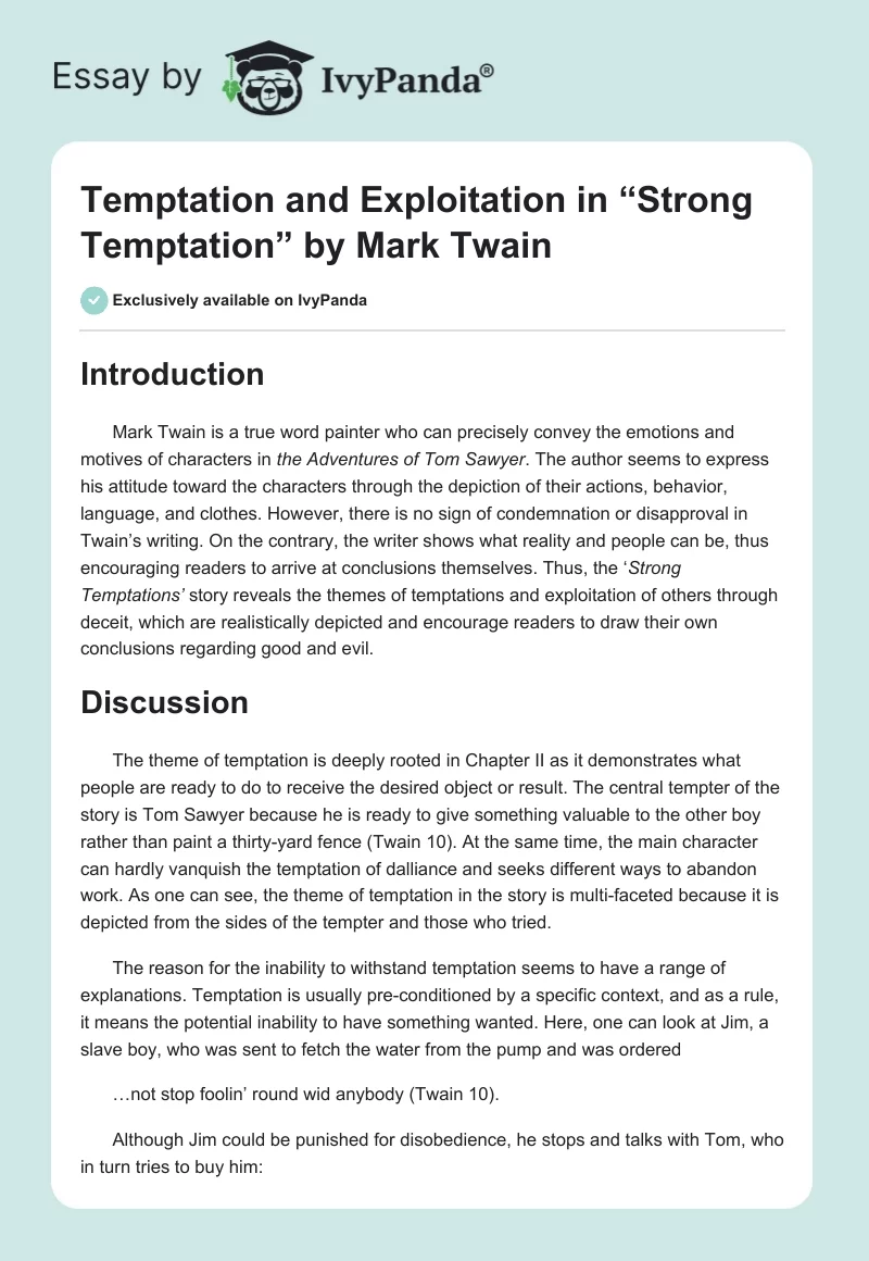 Temptation and Exploitation in “Strong Temptation” by Mark Twain. Page 1