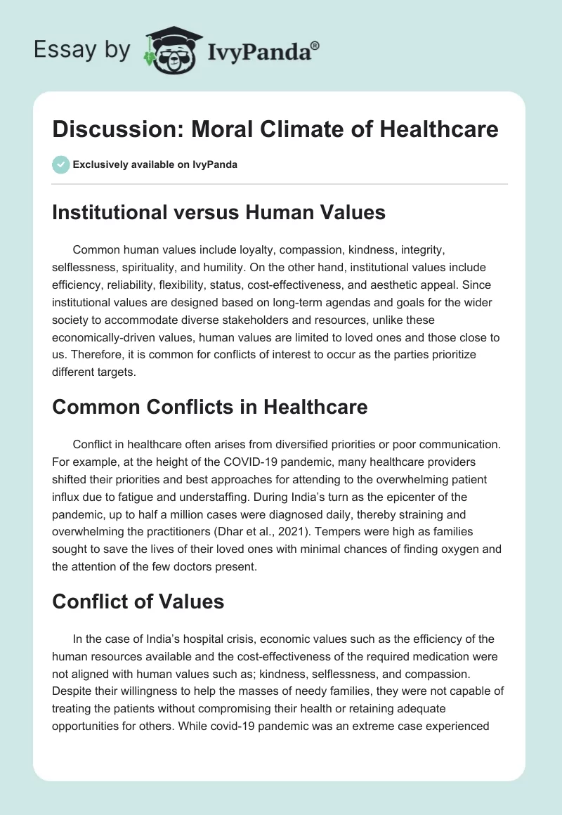 Discussion: Moral Climate of Healthcare. Page 1