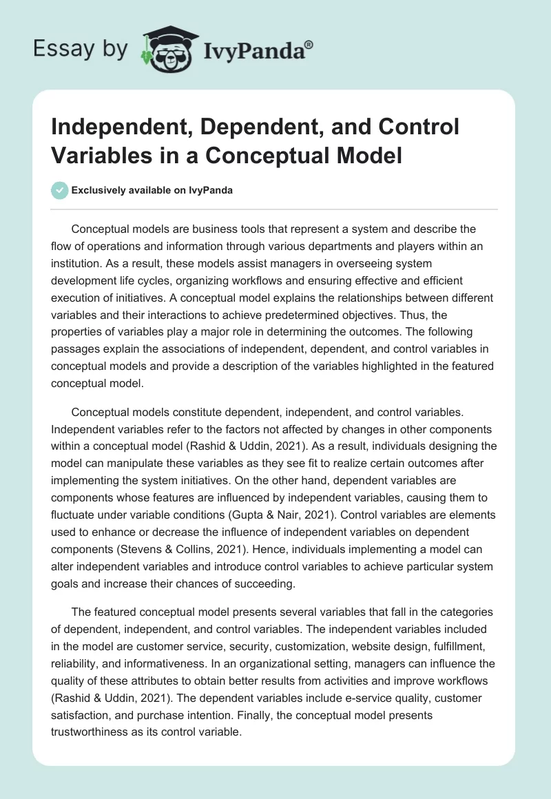 Independent, Dependent, and Control Variables in a Conceptual Model. Page 1