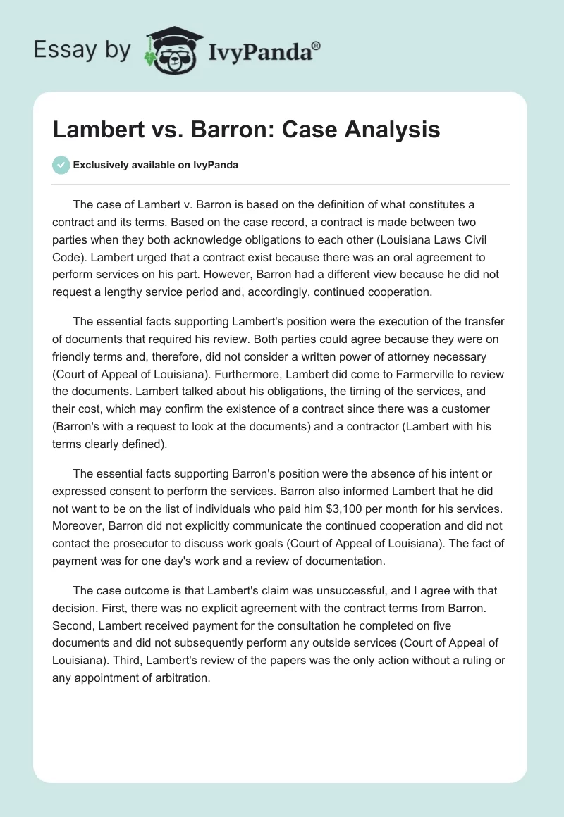 Lambert vs. Barron: Case Analysis. Page 1