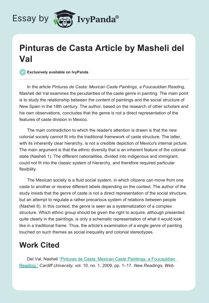 "Pinturas de Casta" Article by Masheli del Val. Page 1