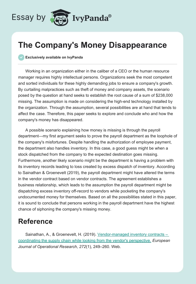 Business Case Scenario: Missing Money in a Company. Page 1