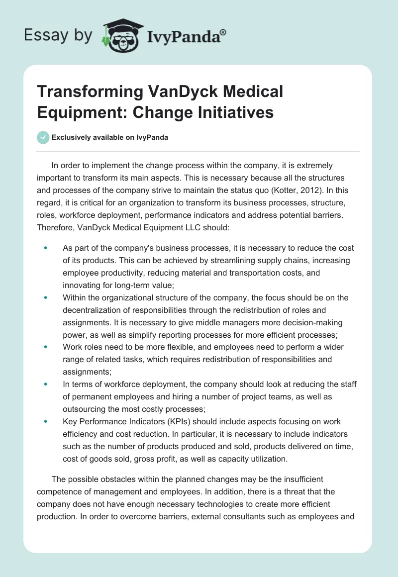Transforming VanDyck Medical Equipment: Change Initiatives. Page 1