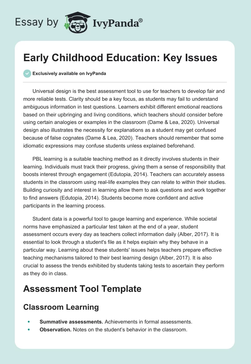 Early Childhood Education: Key Issues. Page 1