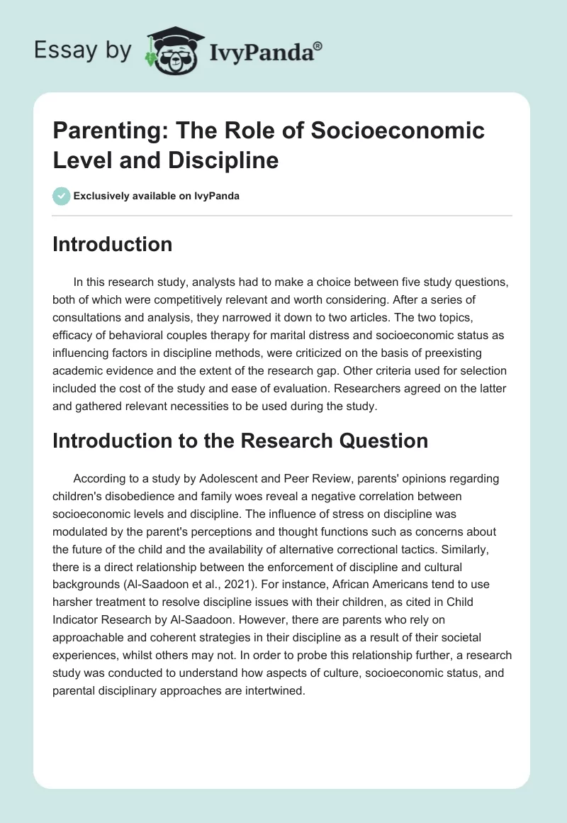 Parenting: The Role of Socioeconomic Level and Discipline. Page 1