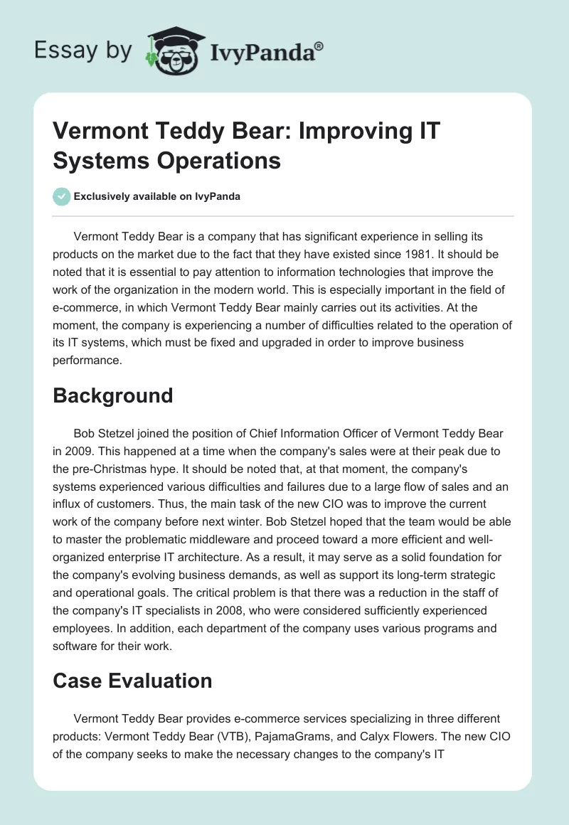 Vermont Teddy Bear: Improving IT Systems Operations. Page 1