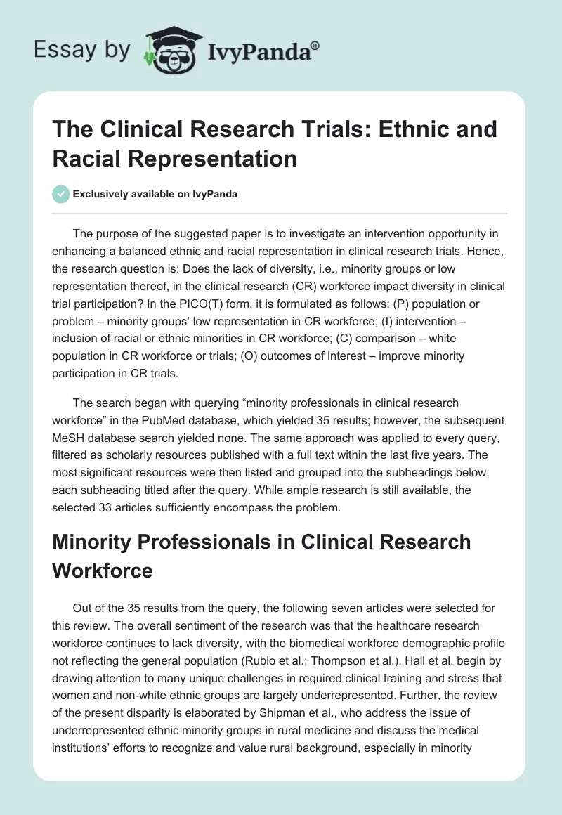 The Clinical Research Trials: Ethnic and Racial Representation. Page 1