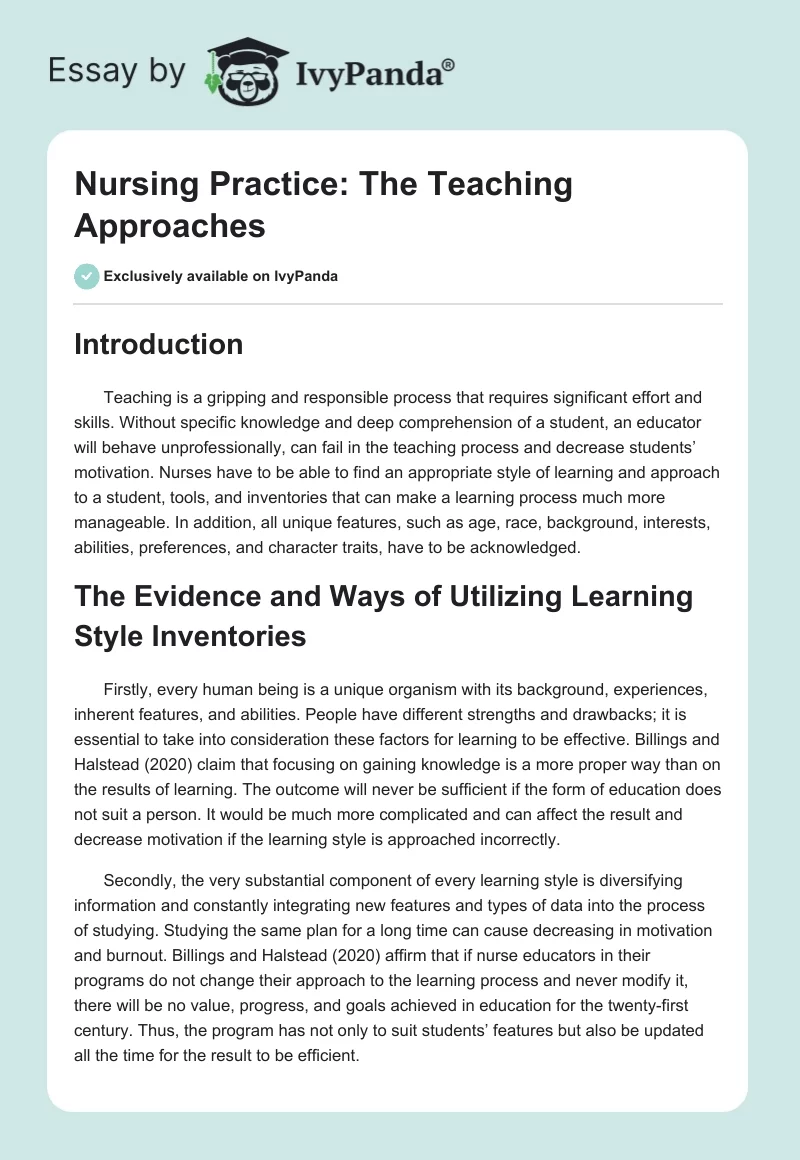 Nursing Practice: The Teaching Approaches. Page 1