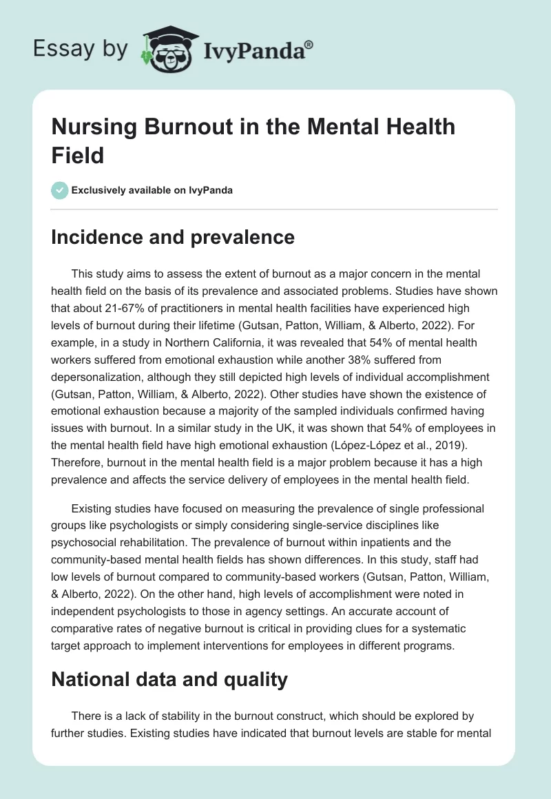Nursing Burnout in the Mental Health Field. Page 1