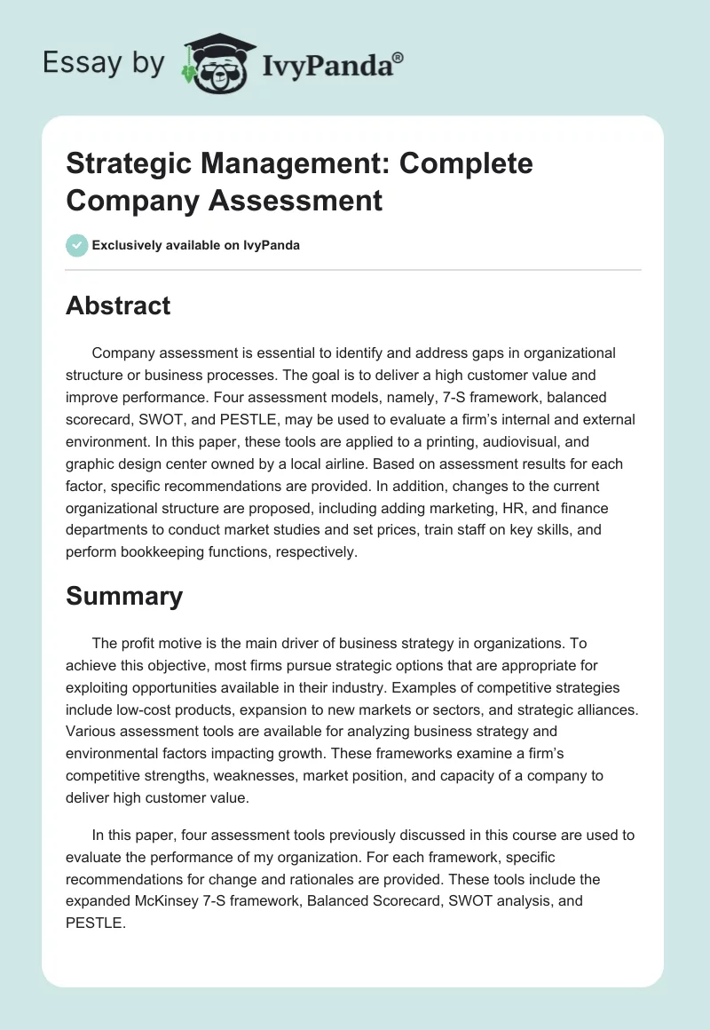 Strategic Management: Complete Company Assessment. Page 1