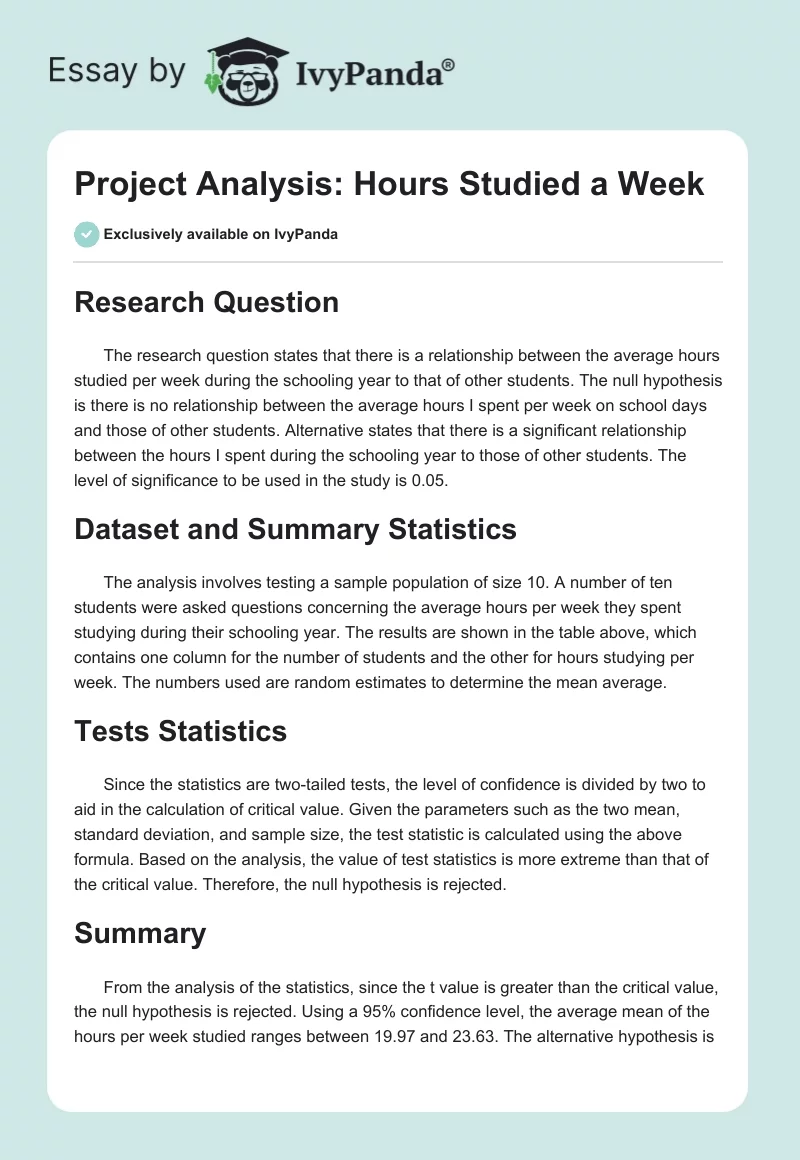 Project Analysis: Hours Studied a Week. Page 1
