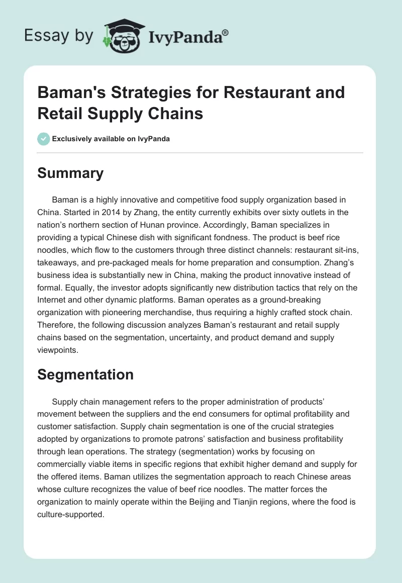 Baman's Strategies for Restaurant and Retail Supply Chains. Page 1