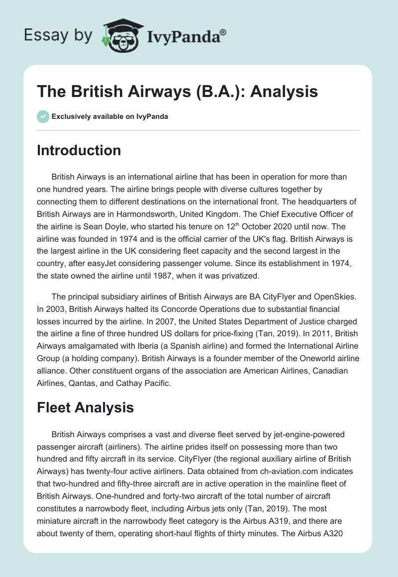 The British Airways (B.A.): Analysis. Page 1