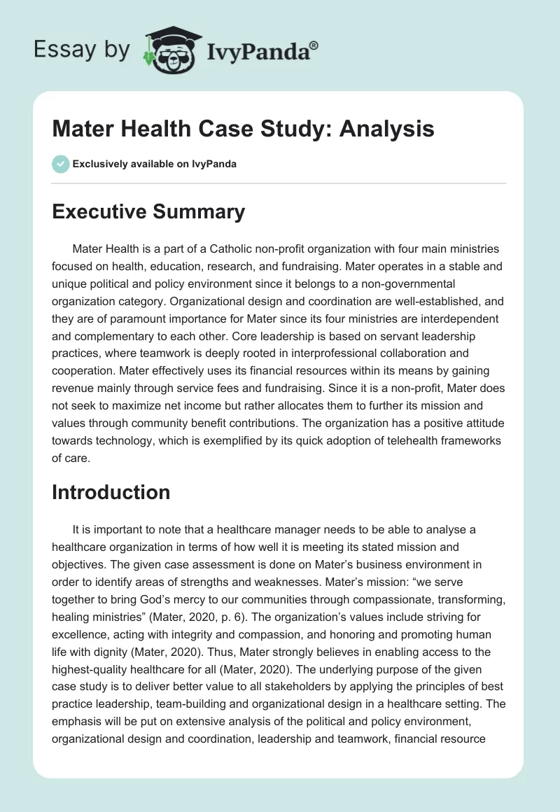 Mater Health Case Study: Analysis. Page 1