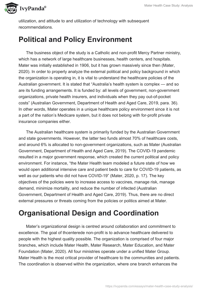 Mater Health Case Study: Analysis. Page 2