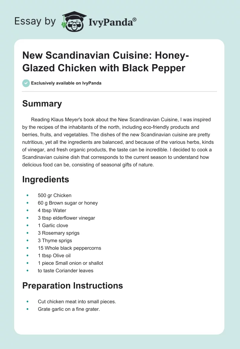 New Scandinavian Cuisine: Honey-Glazed Chicken with Black Pepper. Page 1