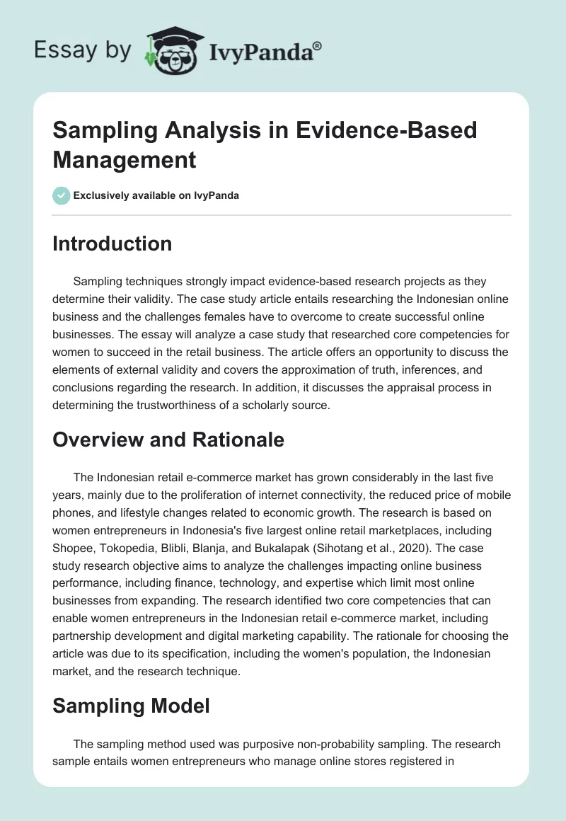 Sampling Analysis in Evidence-Based Management. Page 1