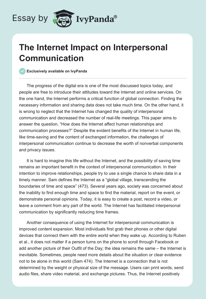 The Internet Impact on Interpersonal Communication. Page 1