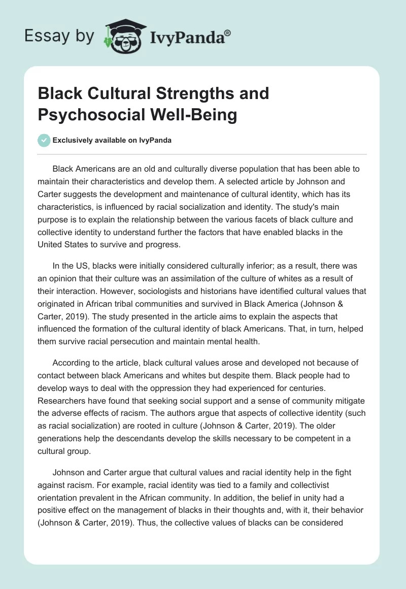 Black Cultural Strengths and Psychosocial Well-Being. Page 1