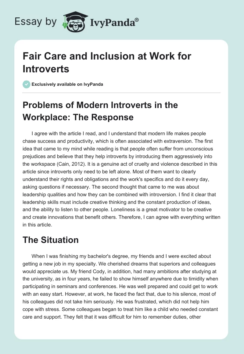 Fair Care and Inclusion at Work for Introverts. Page 1
