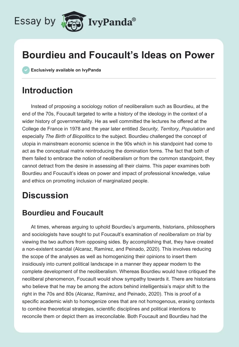 Bourdieu and Foucault’s Ideas on Power. Page 1