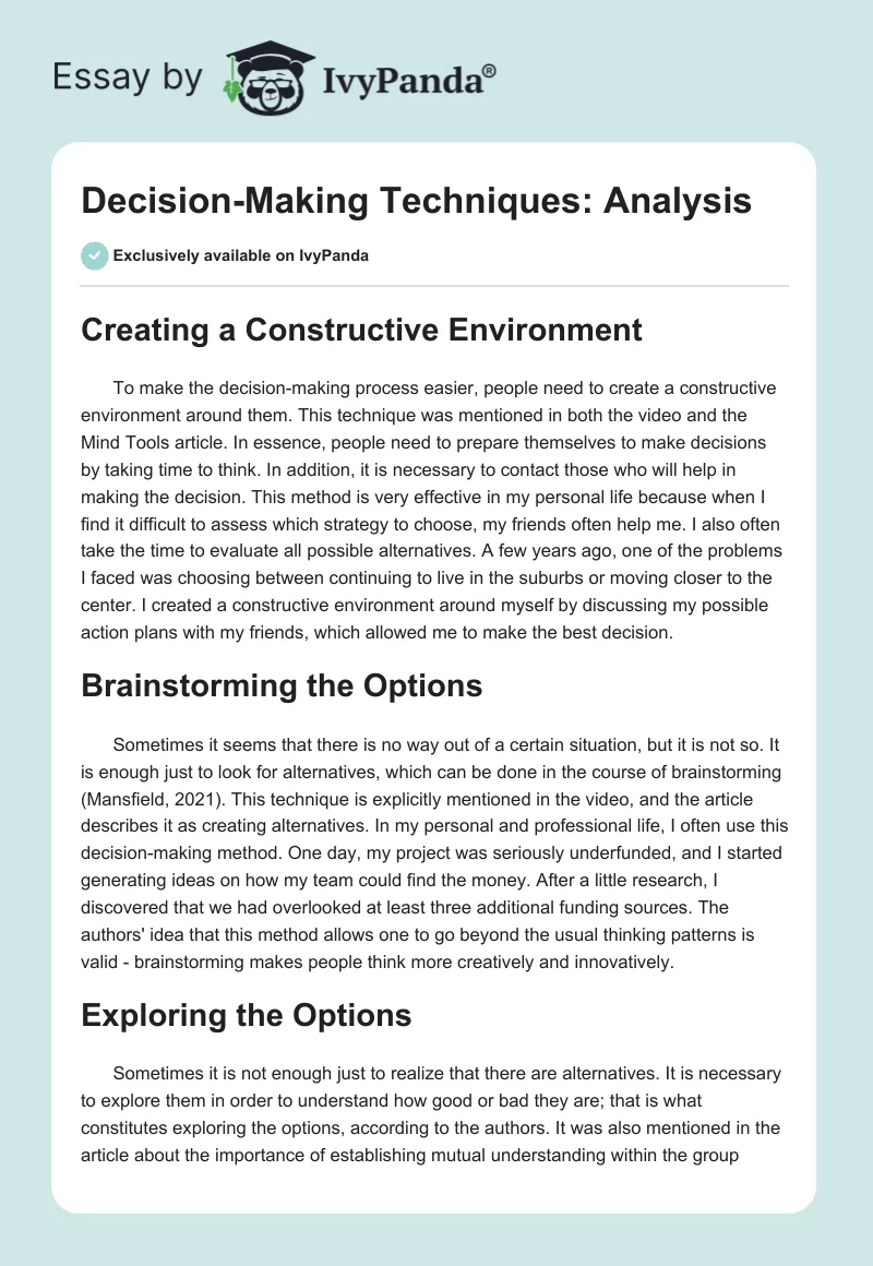 Decision-Making Techniques: Analysis. Page 1