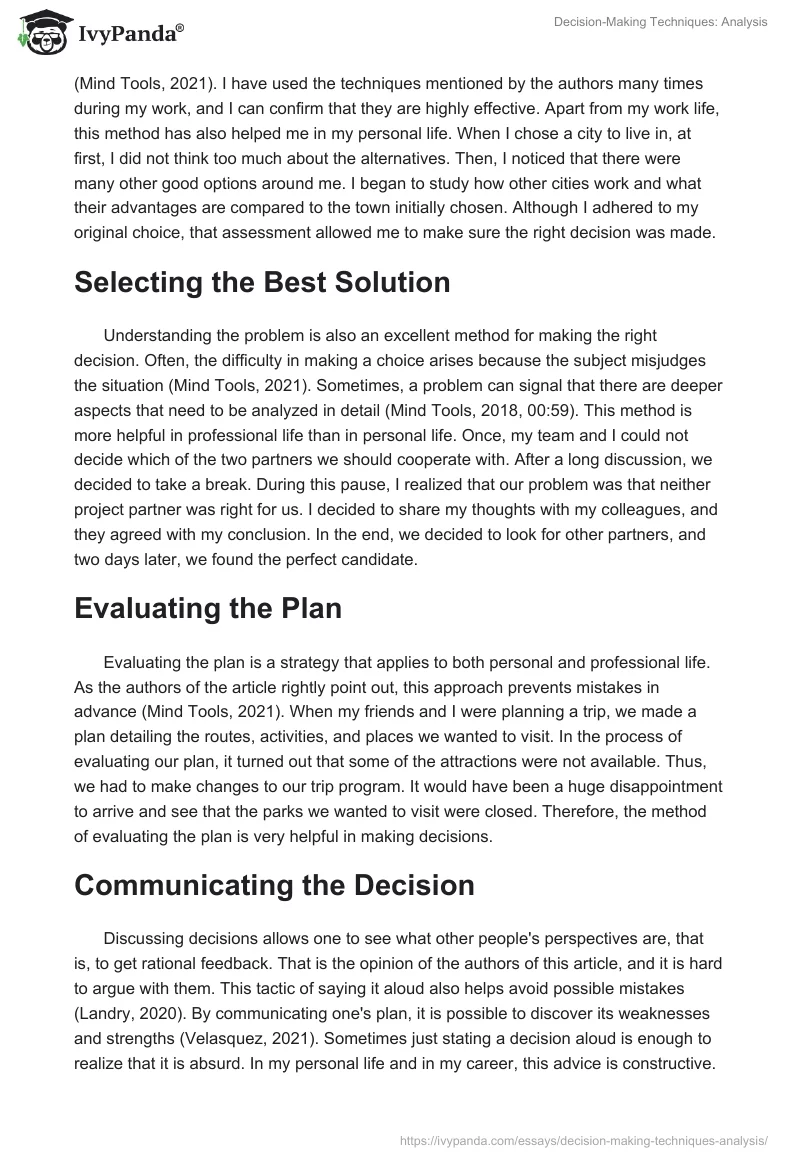 Decision-Making Techniques: Analysis. Page 2