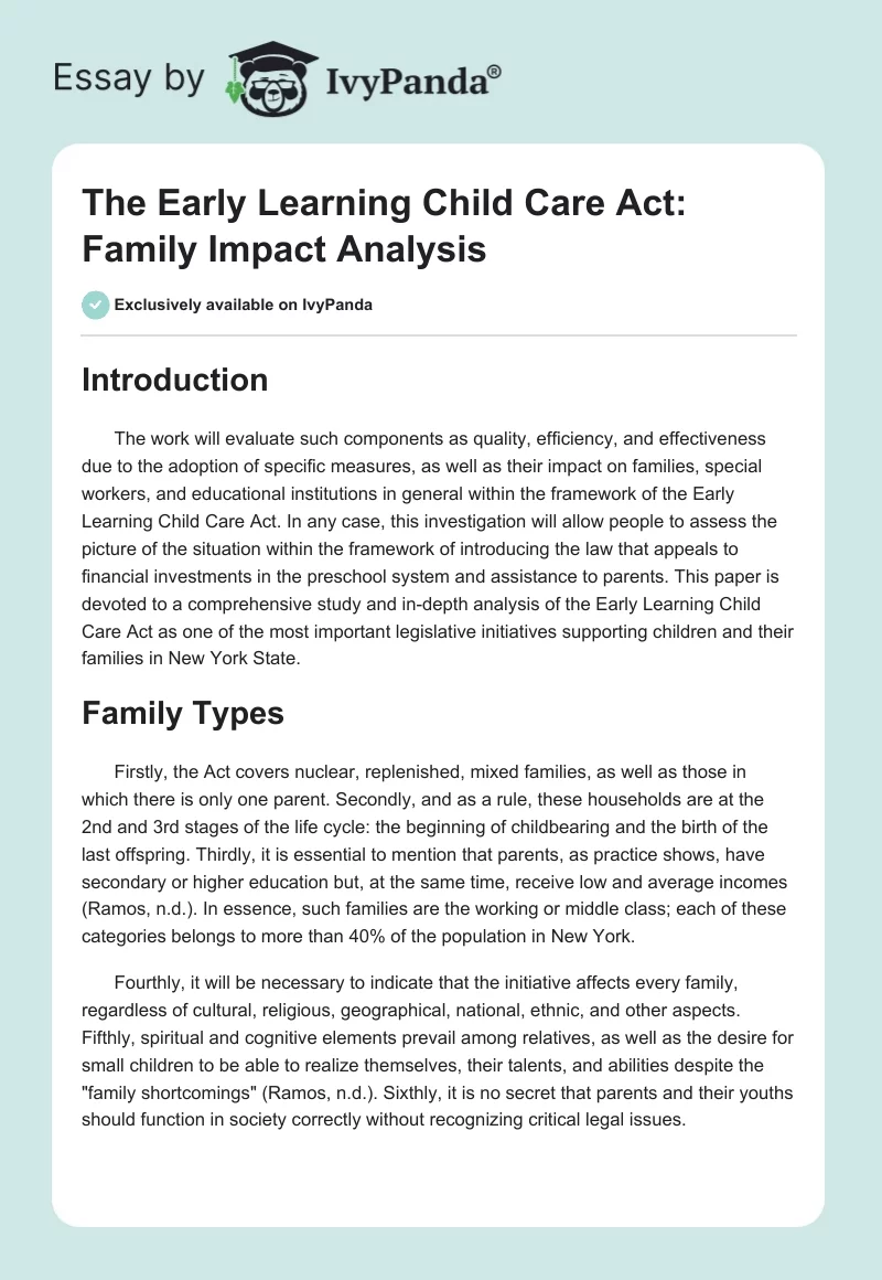 The Early Learning Child Care Act: Family Impact Analysis. Page 1