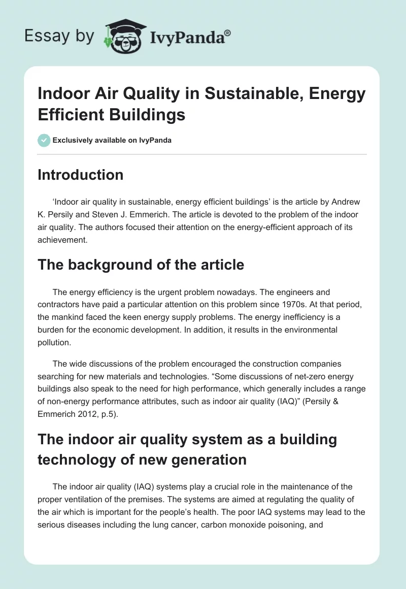 Indoor Air Quality in Sustainable, Energy Efficient Buildings. Page 1