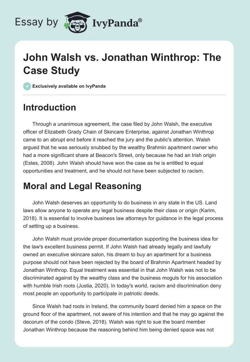 John Walsh vs. Jonathan Winthrop: The Case Study. Page 1