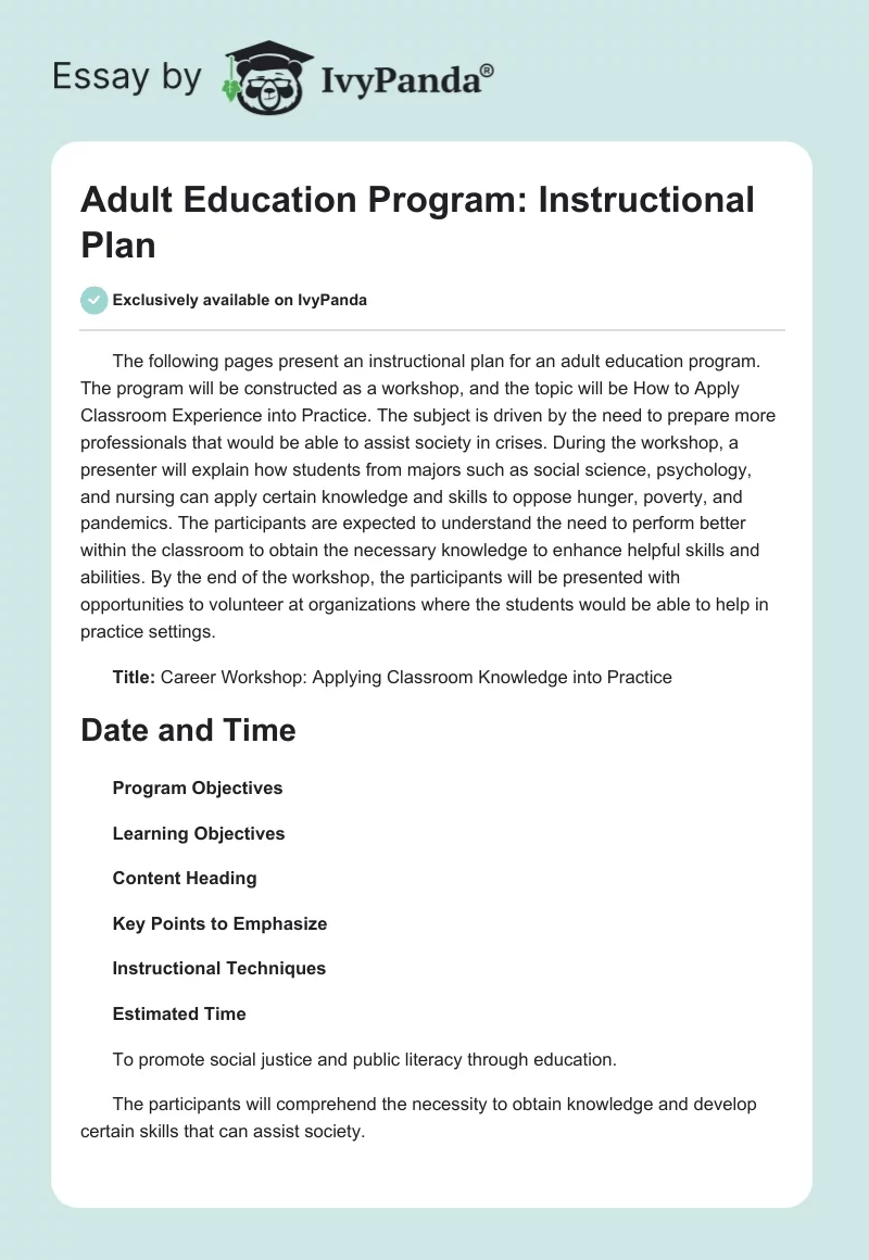 Adult Education Program: Instructional Plan. Page 1