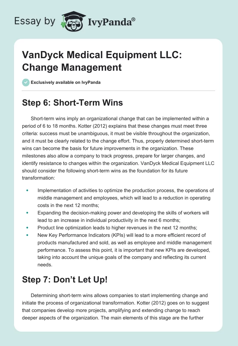VanDyck Medical Equipment LLC: Change Management. Page 1