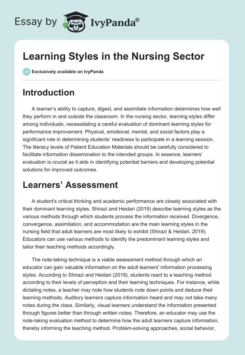 Learning Styles in the Nursing Sector. Page 1