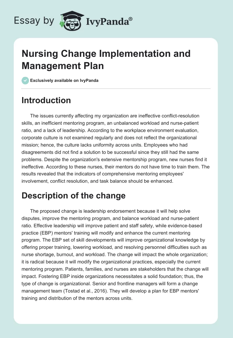Nursing Change Implementation and Management Plan. Page 1