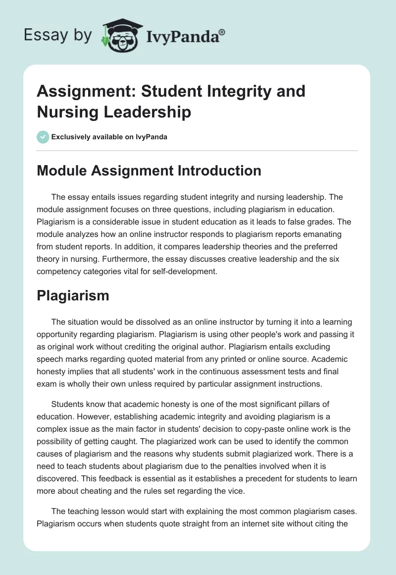 Assignment: Student Integrity and Nursing Leadership. Page 1