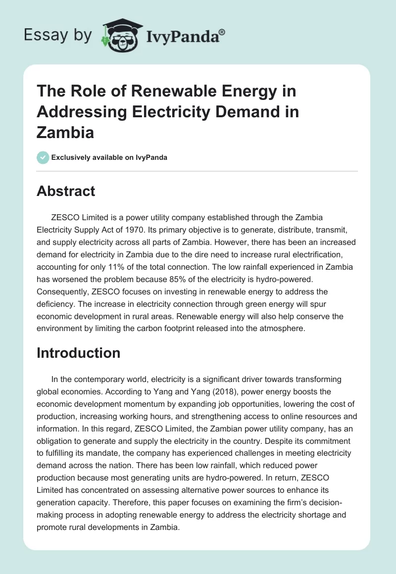 The Role of Renewable Energy in Addressing Electricity Demand in Zambia. Page 1