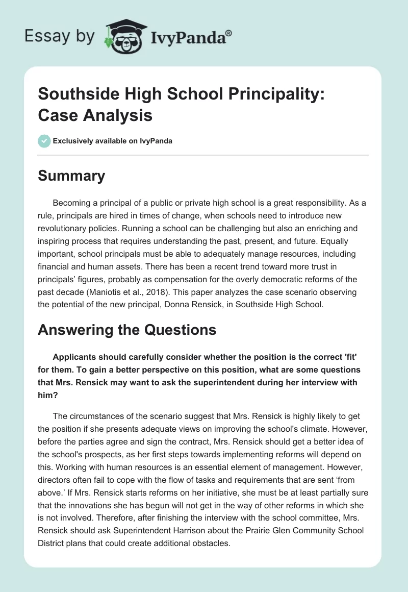 Southside High School Principality: Case Analysis. Page 1