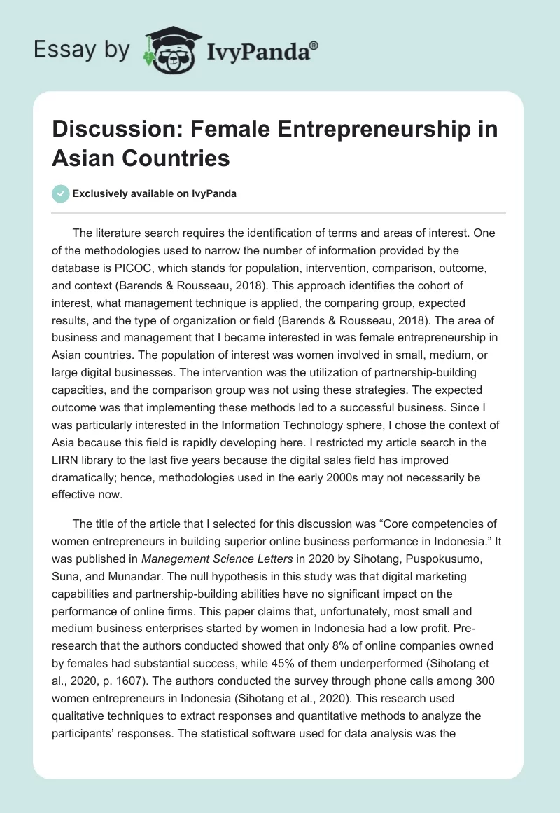 Discussion: Female Entrepreneurship in Asian Countries. Page 1