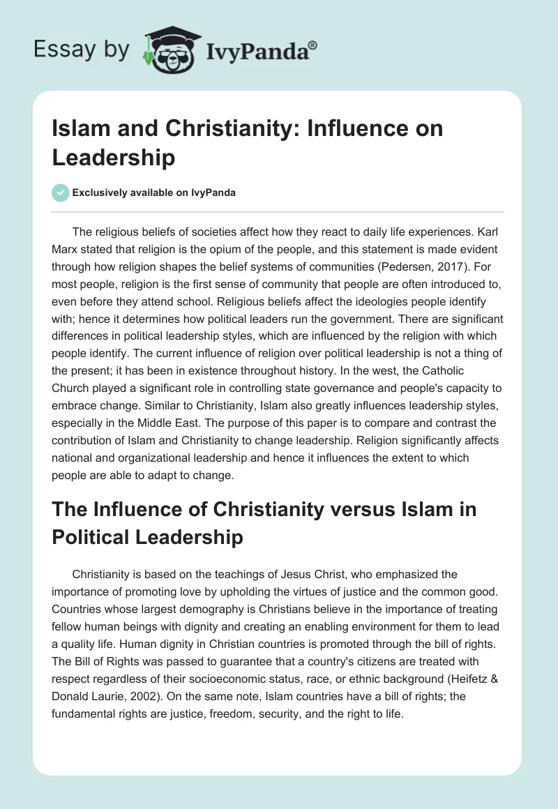 Islam and Christianity: Influence on Leadership - 862 Words | Essay Example