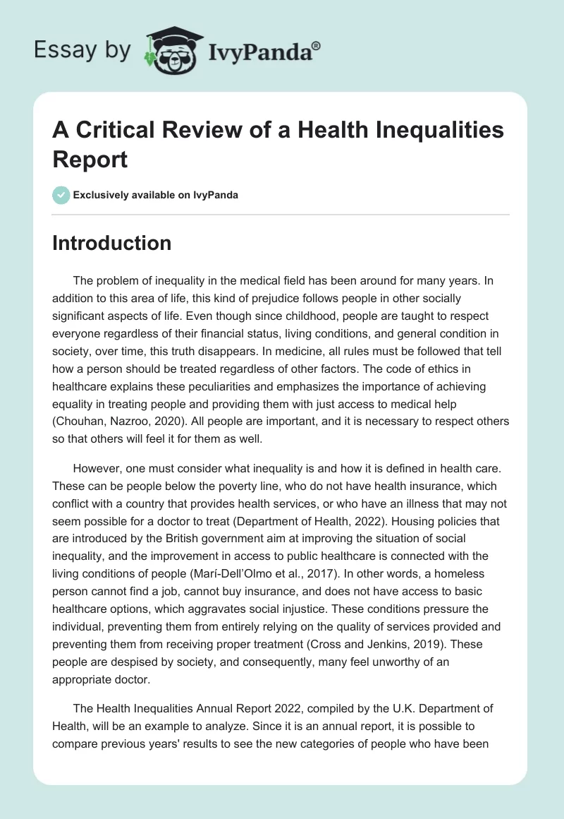 A Critical Review of a Health Inequalities Report. Page 1