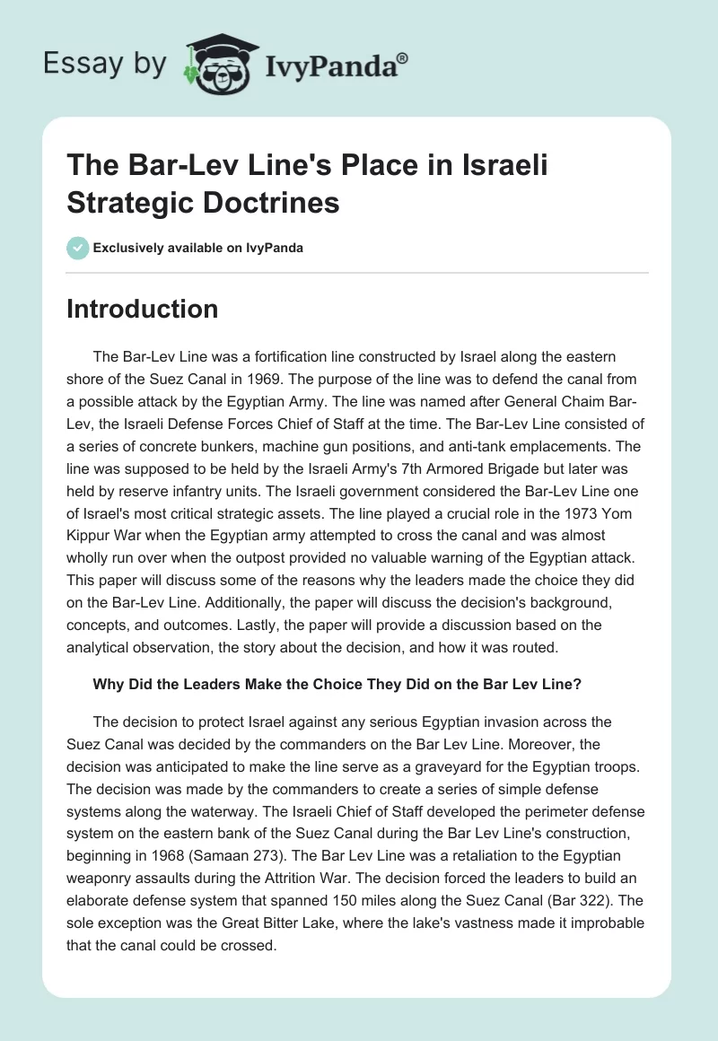 The Bar-Lev Line's Place in Israeli Strategic Doctrines. Page 1