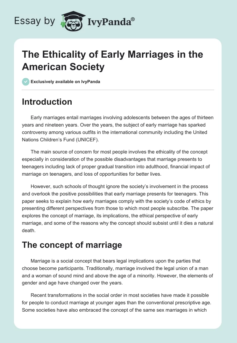 The Ethics of Early Marriages in the American Society. Page 1