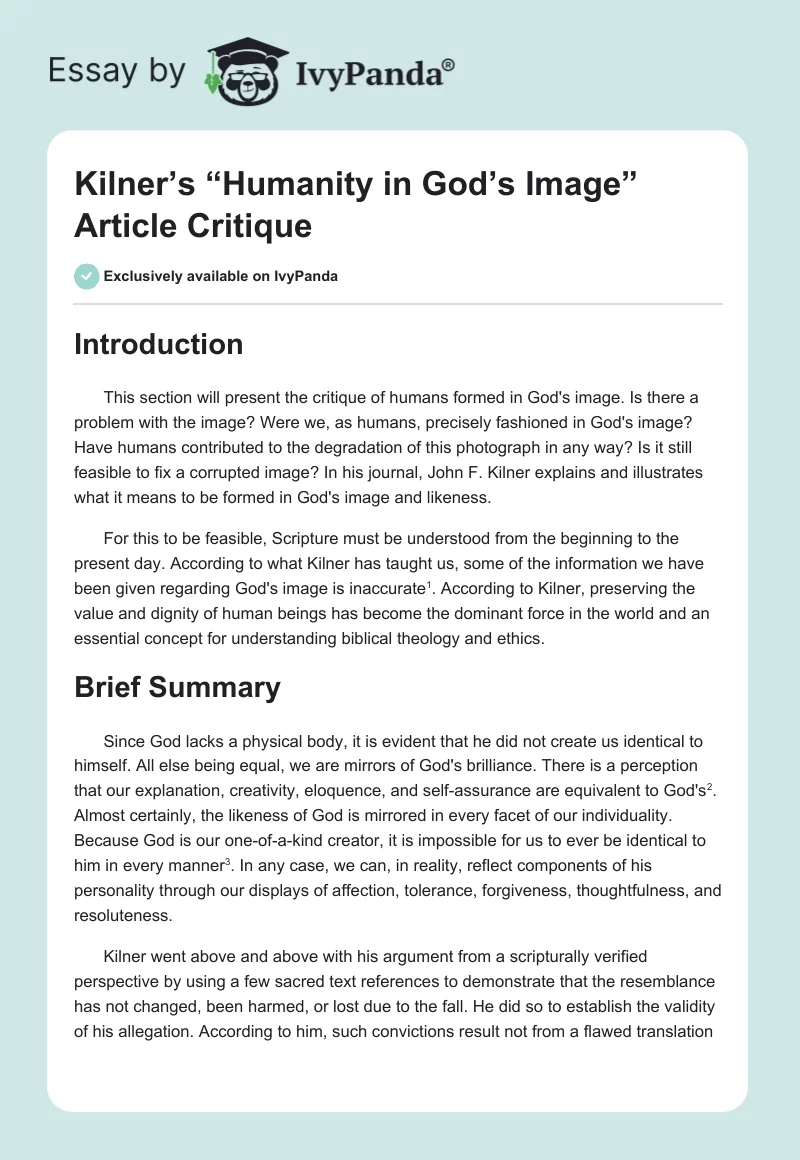 Kilner’s “Humanity in God’s Image” Article Critique. Page 1