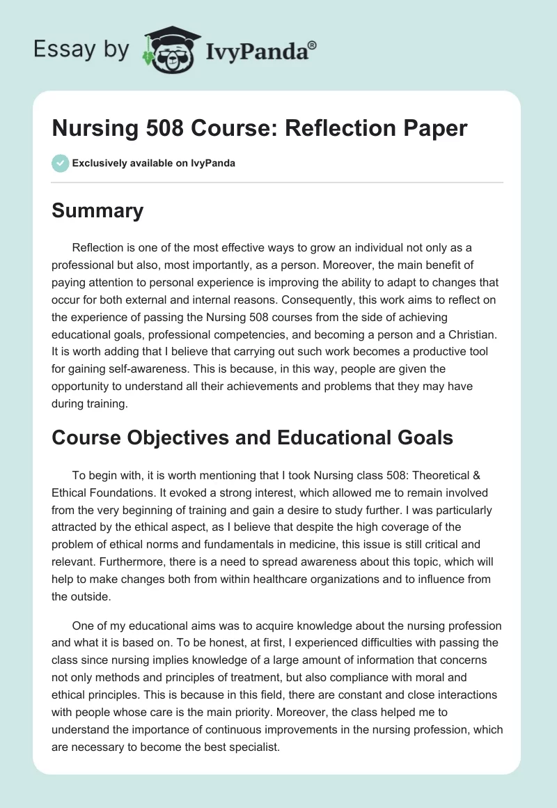 Nursing 508 Course: Reflection Paper. Page 1