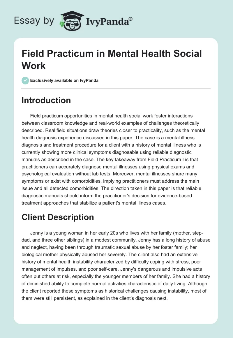Field Practicum in Mental Health Social Work. Page 1