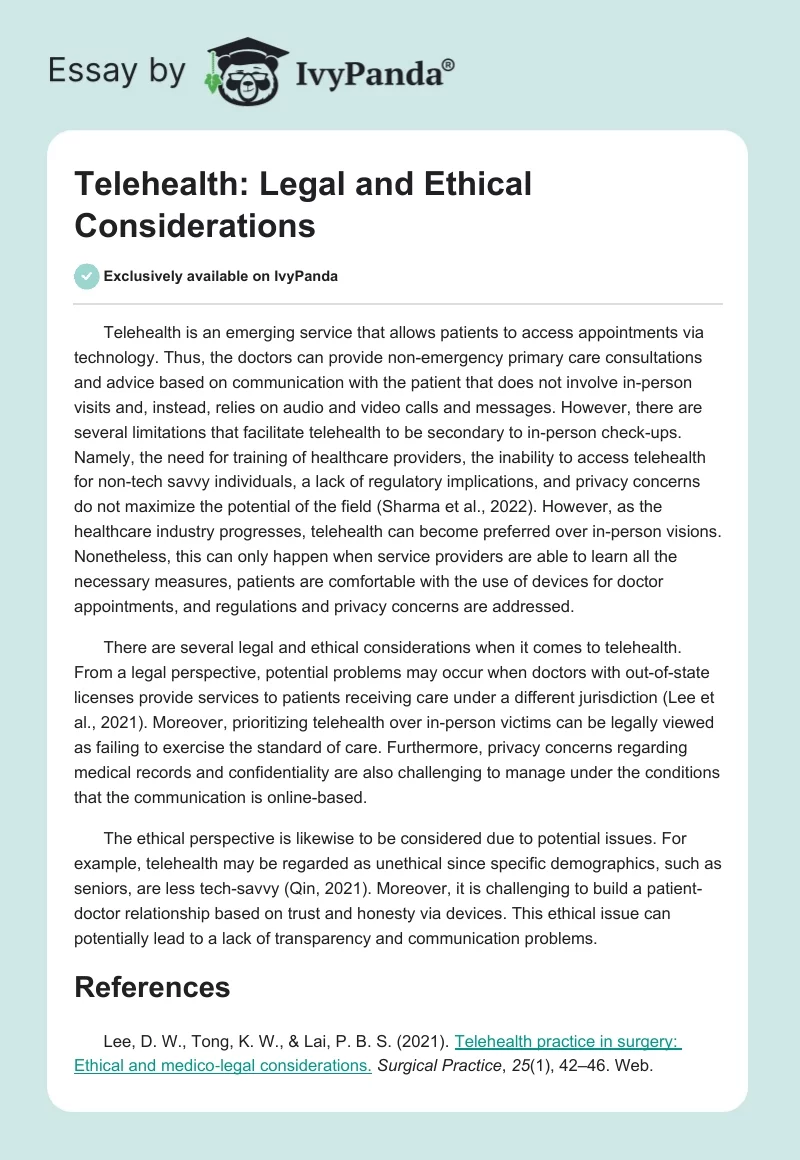 Telehealth: Legal and Ethical Considerations. Page 1