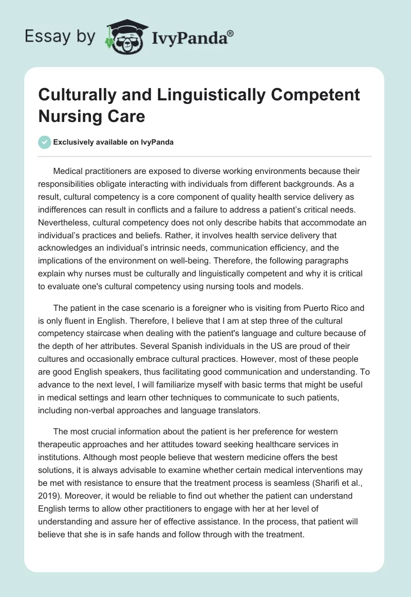 Culturally and Linguistically Competent Nursing Care. Page 1